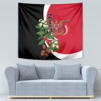 Yemen flag-style tapestry, red-black-white with vertical YEMEN lettering and flower details