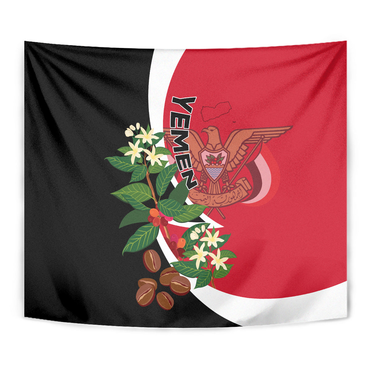Close view of Yemen flag-style wall tapestry with winged emblem and leafy floral art