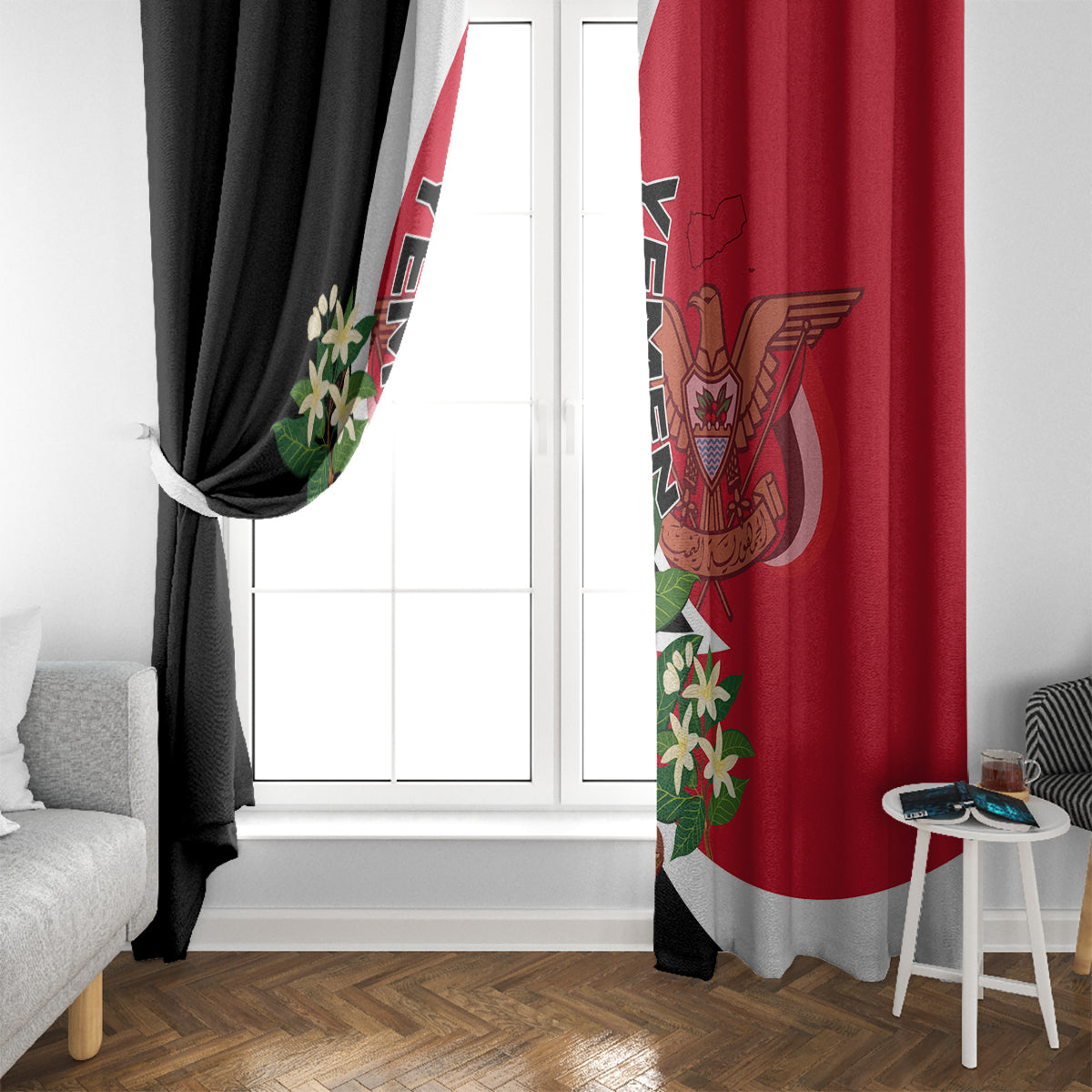 Yemen unification day window curtain on door, red and black flag-style panel