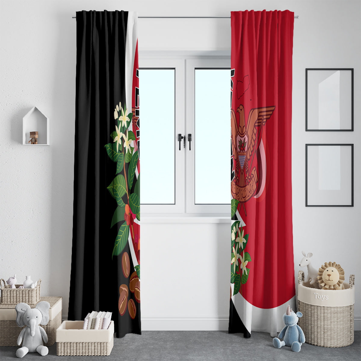 Yemen unification day window curtain set with red and black flag-style prints