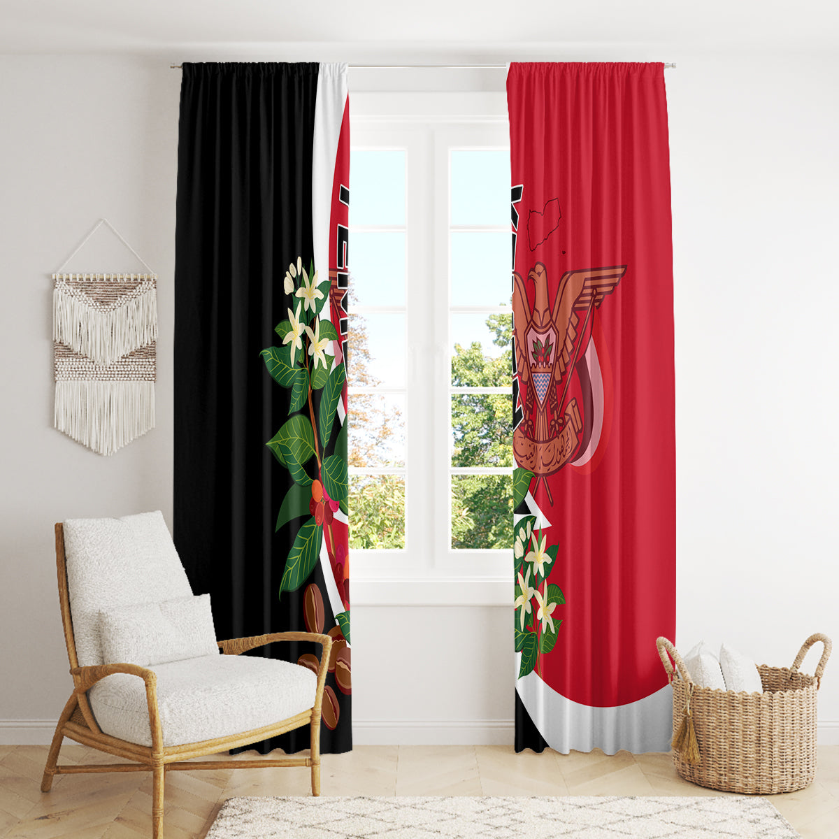 Yemen unification day window curtain with red panel and black panel, flag graphic