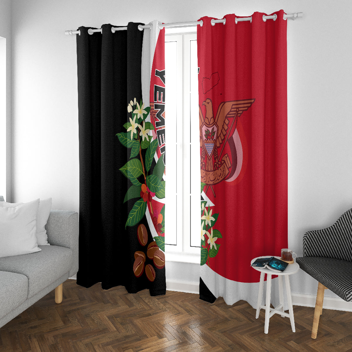 Yemen unification day window curtain featuring red and black flag graphic