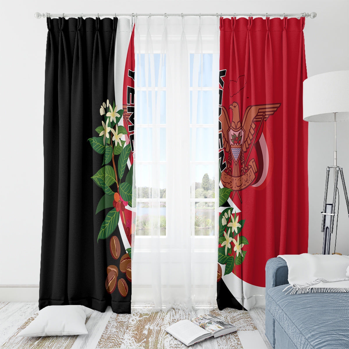 Yemen unification day window curtain pair with white sheer center and red/black flag prints