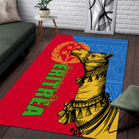 Red and blue area rug with camel illustration and green script lettering