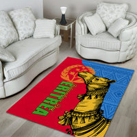 Red and blue area rug featuring a centered camel graphic with green text