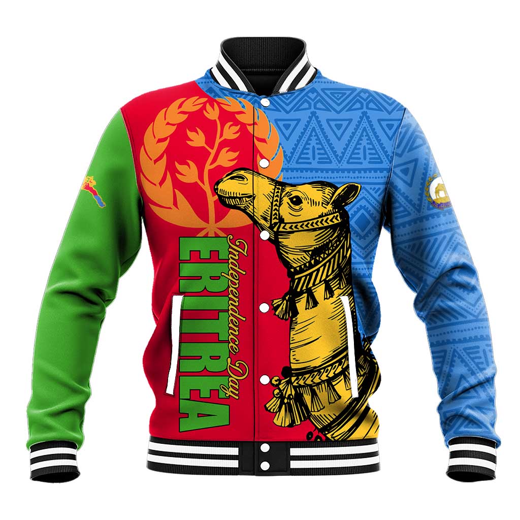 Unisex varsity baseball jacket with multicolor front graphic and striped ribbed collar/cuffs
