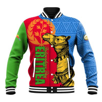 Unisex varsity baseball jacket with multicolor front graphic and striped ribbed collar/cuffs