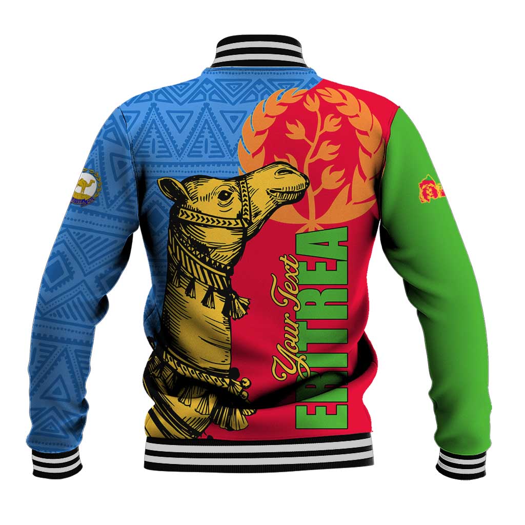Unisex baseball jacket with back graphic print, ribbed striped collar, and snap-button front