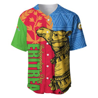 Multicolor baseball jersey with bird graphic, tree and geometric patterns, button placket