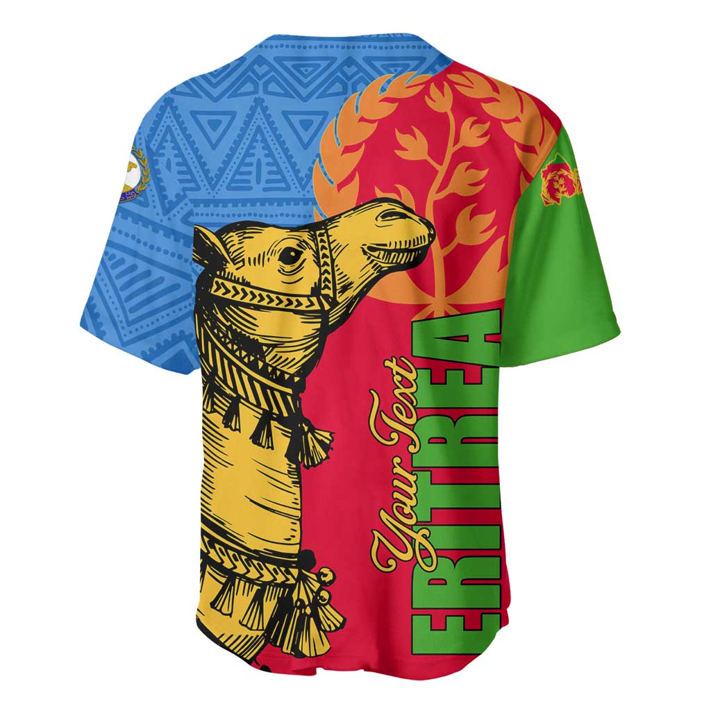 Baseball jersey showing back bird, Eritrean flag stripes, red yellow and blue geometric trim