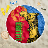 Round beach blanket with fringed edge, red and blue circle with yellow camel illustration