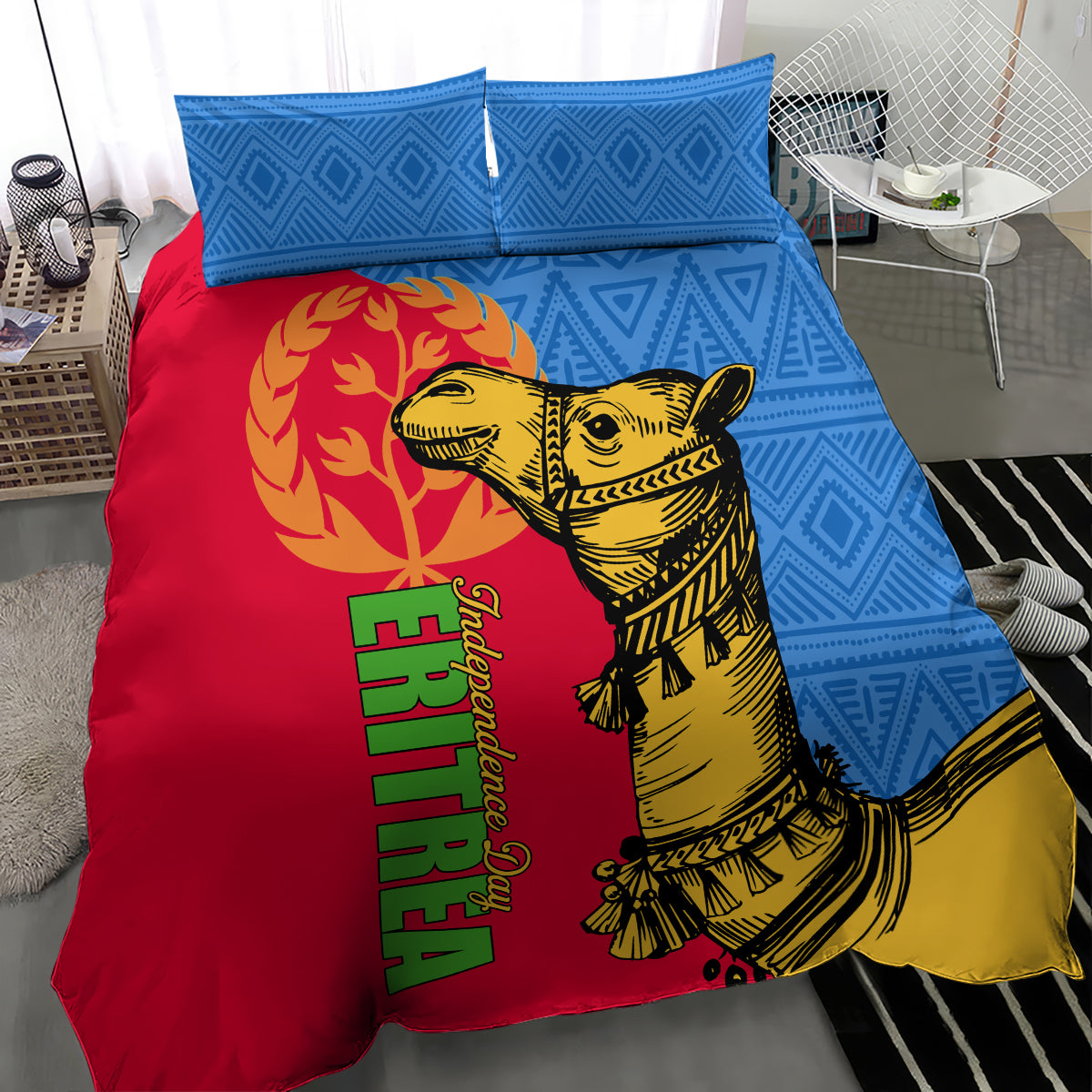 Bedding set with two blue patterned pillowcases and red duvet with yellow camel design