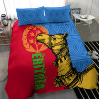 Bedding set with two blue patterned pillowcases and red duvet with yellow camel design
