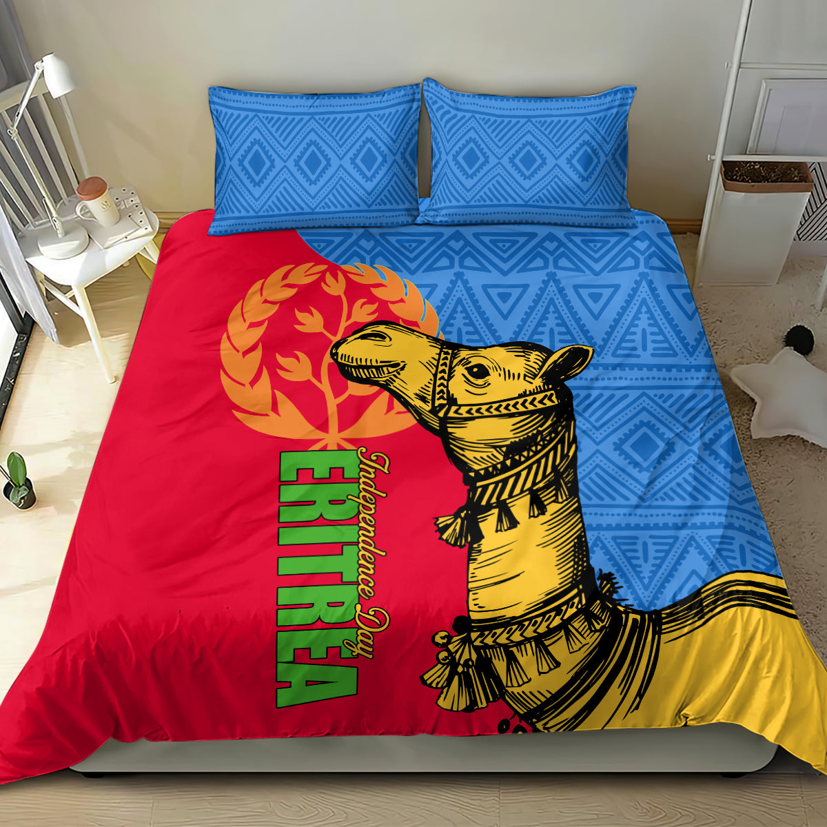 Bedding set with two blue geometric pillows and red duvet showing yellow camel illustration