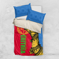 Bedding set with blue geometric pillowcases and red duvet featuring yellow camel graphic