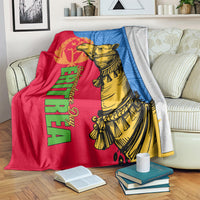 Eritrea Independence Day blanket, red and blue with gold camel illustration and decorative text