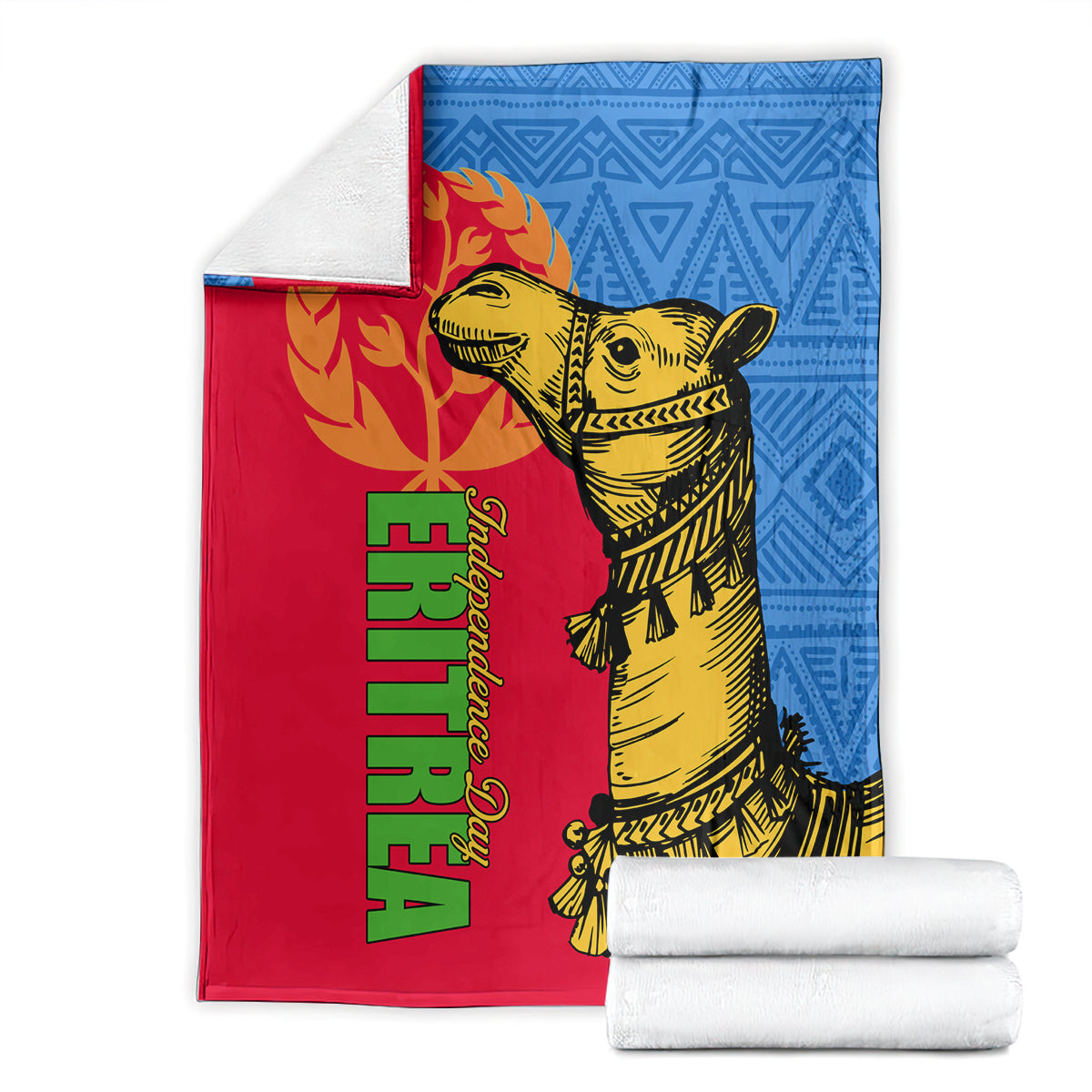Eritrea Independence Day blanket folded, red and blue with gold camel illustration