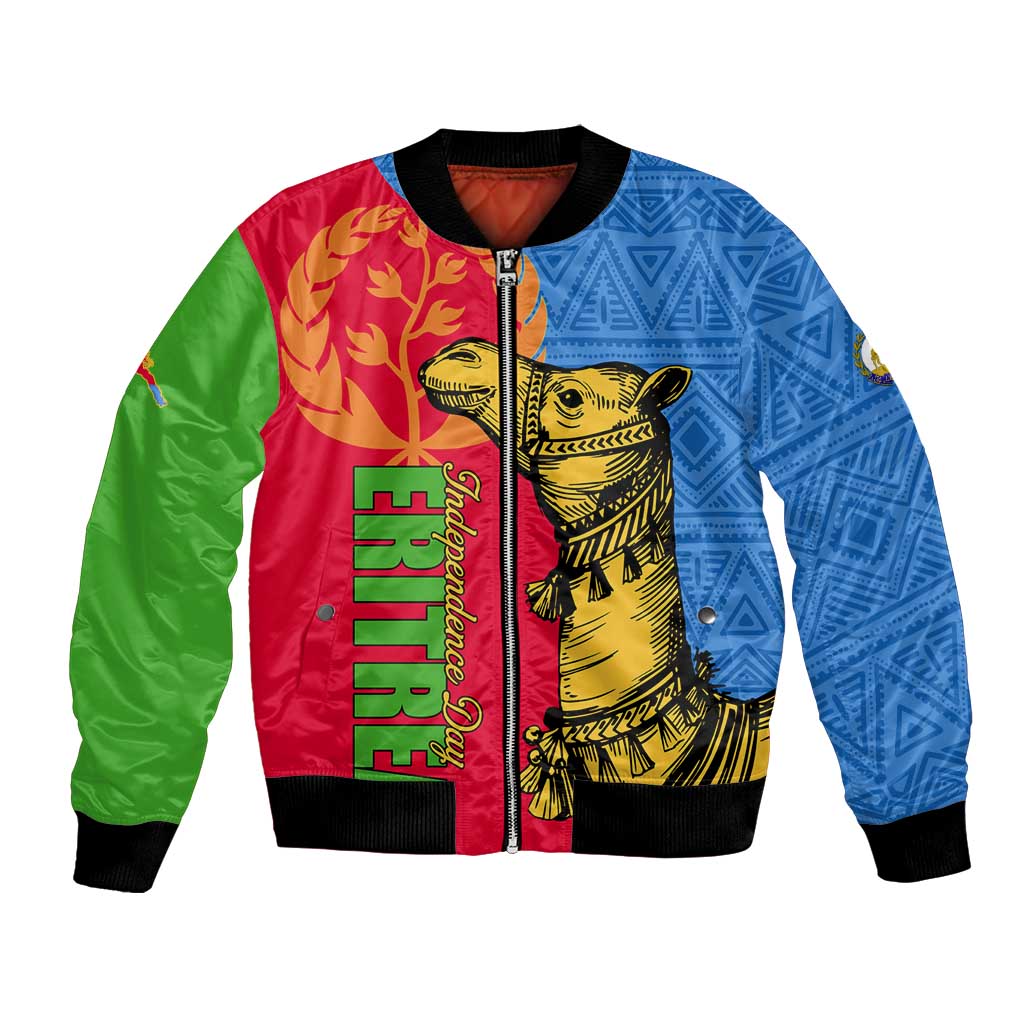 Unisex bomber jacket with front zipper; camel graphic on red, blue, and green panels