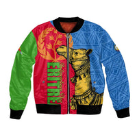 Unisex bomber jacket with front zipper; camel graphic on red, blue, and green panels