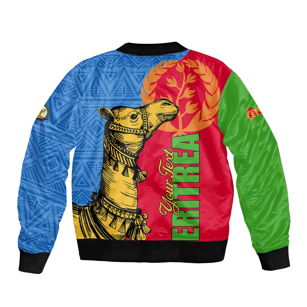 Unisex bomber jacket with ribbed hem; blue pattern back with camel graphic, red and green sides
