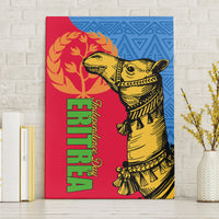 Canvas wall art with yellow camel illustration, green red lettering, and blue pattern backdrop