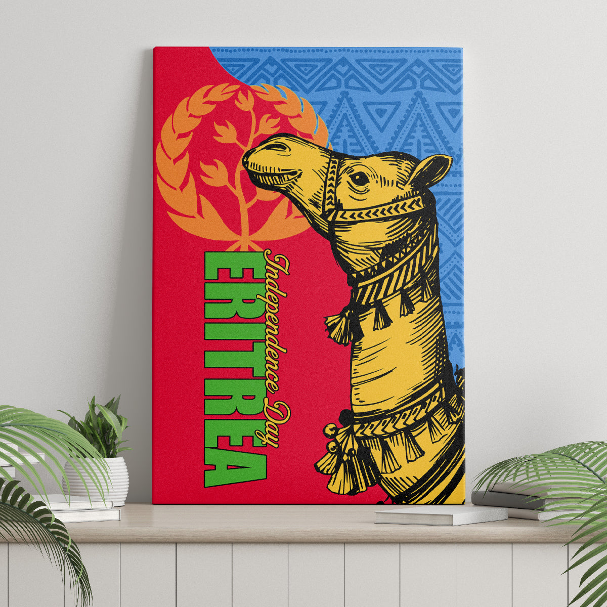 Square canvas wall art showing a yellow camel with green red vertical text and blue top corner