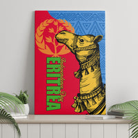 Square canvas wall art showing a yellow camel with green red vertical text and blue top corner