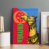 Framed canvas wall art with yellow camel artwork, green red lettering, and blue decorative pattern