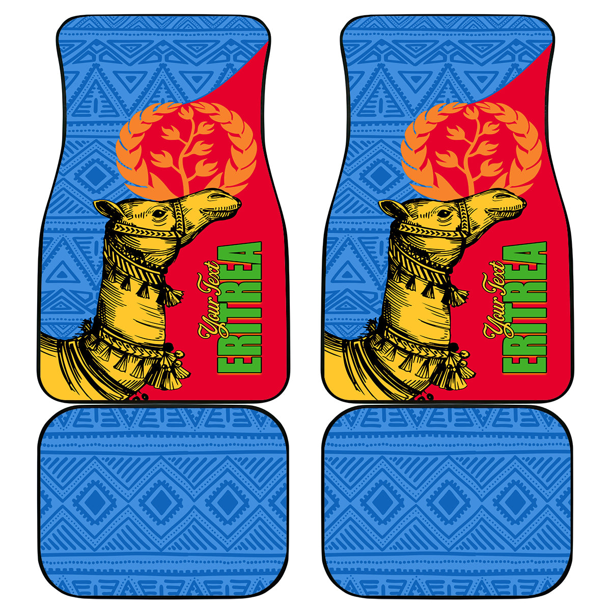 Set of 4 car mats: blue patterned mats with Eritrean camel and flag design
