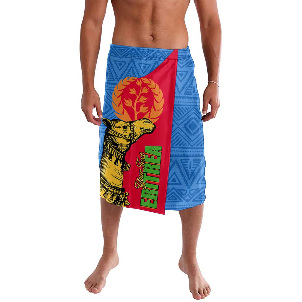 Blue lavalava sarong with geometric pattern and red Eritrea panel, camel graphic