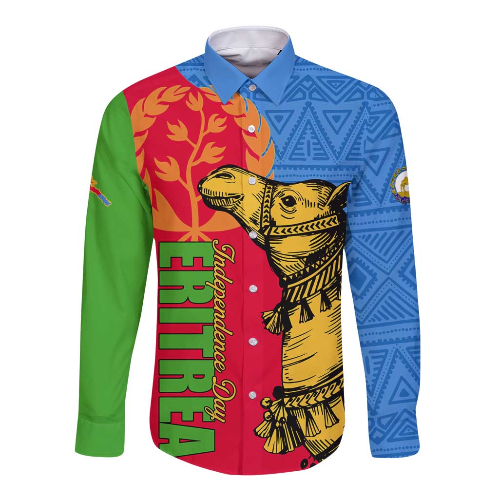 Long sleeve button shirt with blue, red, green panels and camel graphic front