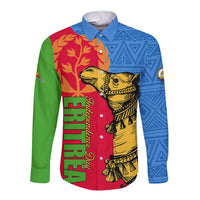 Long sleeve button shirt with blue, red, green panels and camel graphic front