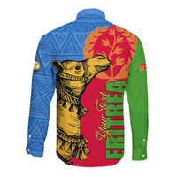 Long sleeve button shirt, back view, camel graphic with red green and Eritrea text
