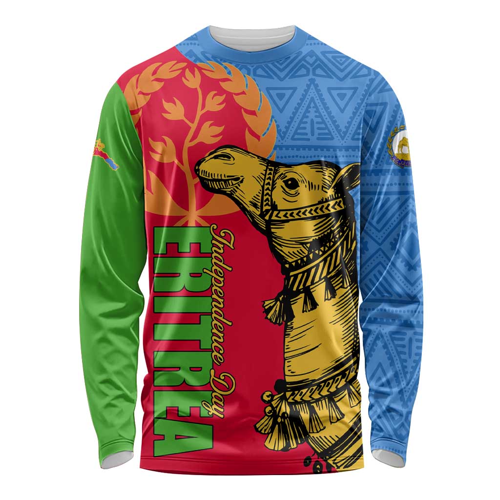 Unisex long sleeve crewneck shirt with camel artwork, blue green red patterned panels