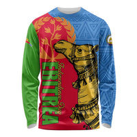 Unisex long sleeve crewneck shirt with camel artwork, blue green red patterned panels
