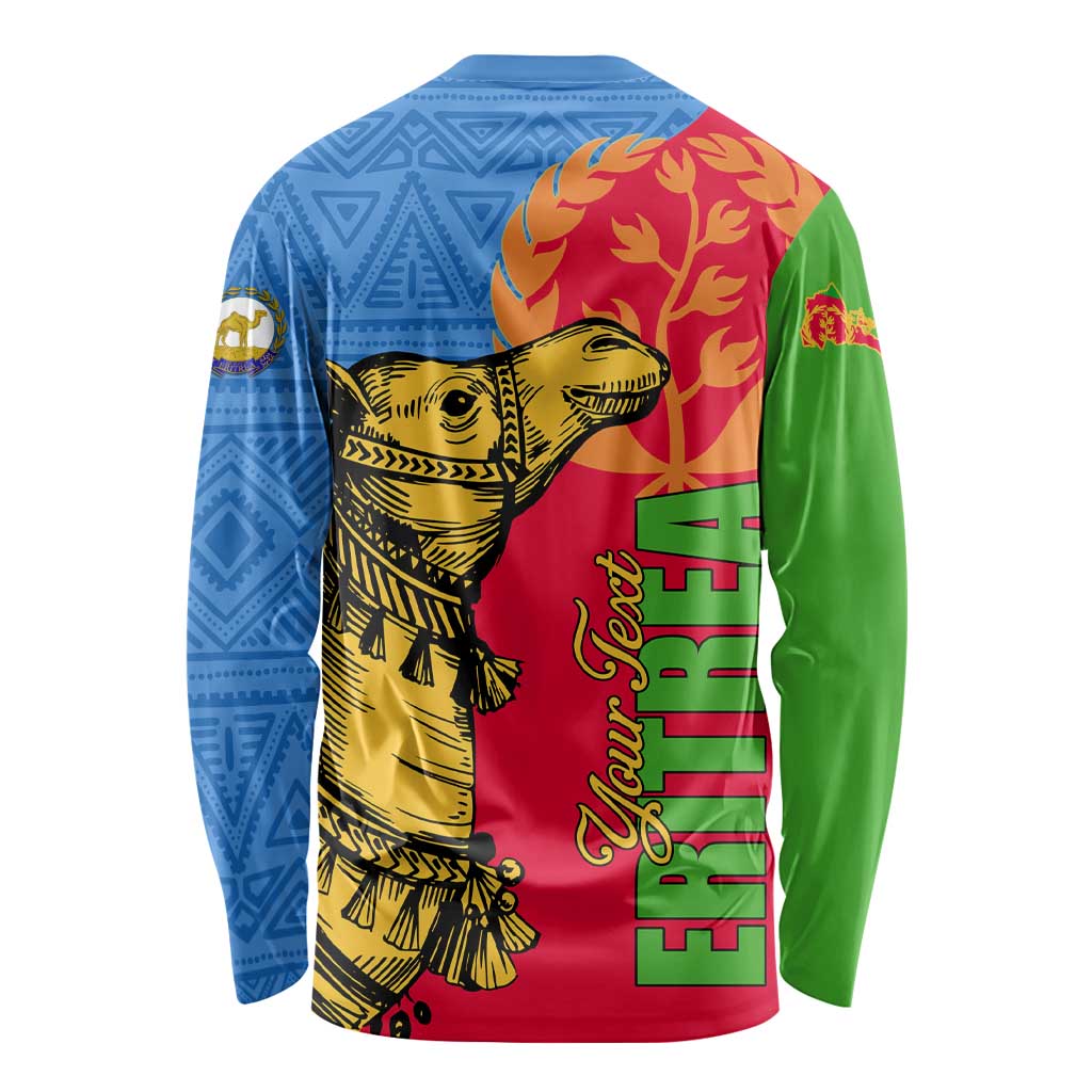 Unisex long sleeve shirt with camel illustration and decorative lettering on blue green panels
