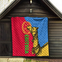 Quilt with red, blue, and yellow panels featuring a golden camel and Eritrea text.
