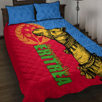 Quilt bed set: red quilt with golden camel, blue geometric sides, matching pillow set