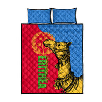 Quilt bed set with red-and-blue geometric design, camel illustration, two blue pillows
