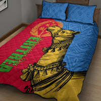 Quilt bed set: red quilt with golden camel, blue patterned cover, two matching pillows