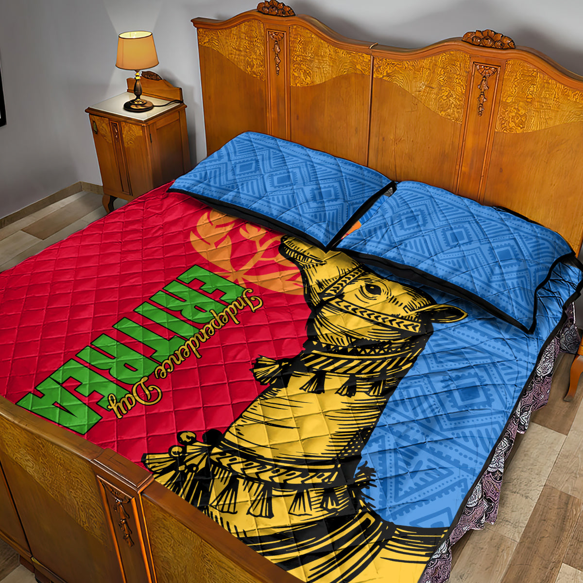 Quilt bed set with blue patterned cover, red panel, golden camel and green print