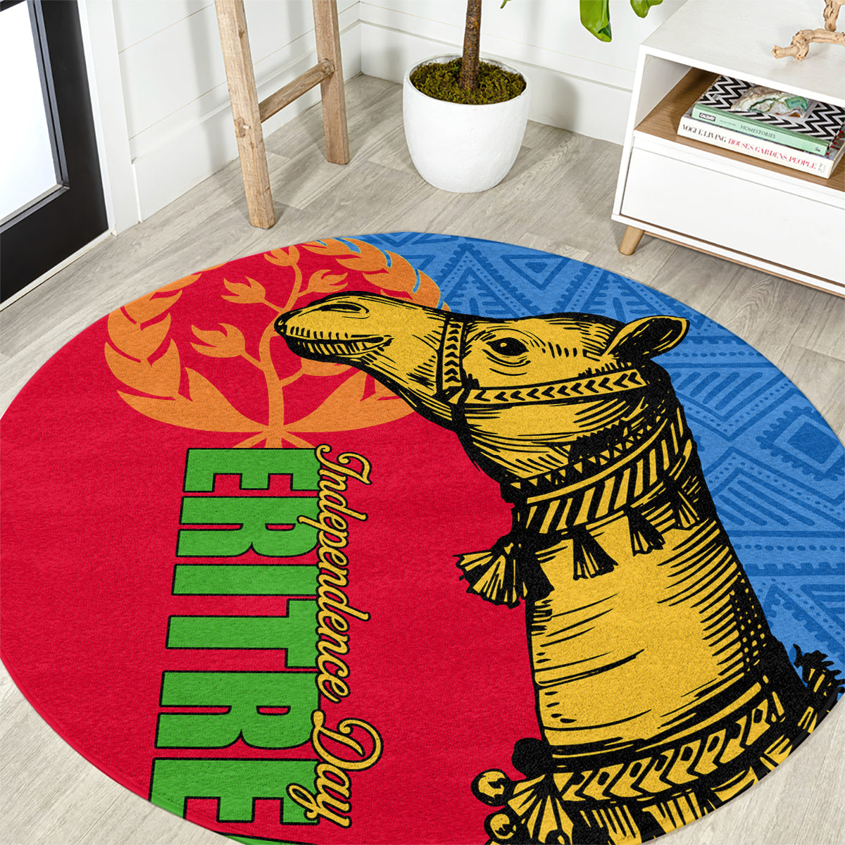 Round camel-themed rug with red background, blue pattern edge, and green vertical text