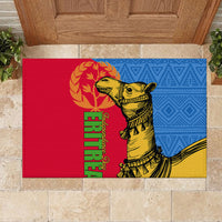 Rubber doormat with yellow camel graphic on red, blue, and yellow panels with green text