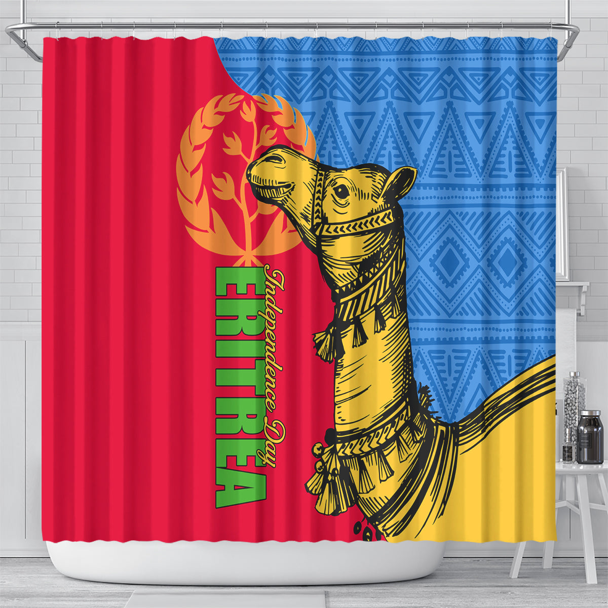 Shower curtain with red and blue sides, black camel and green vertical lettering, yellow base