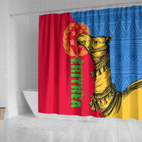 Shower curtain with camel design, green vertical lettering, red/blue panels and gold circular emblem