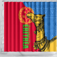 Shower curtain showing black camel and green vertical text on red and blue with yellow section