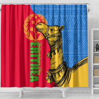 Shower curtain with red left, blue right, black camel artwork and green vertical lettering