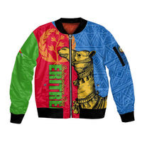 Multicolor unisex zip bomber jacket with ribbed cuffs and hem, camel graphic and emblem front