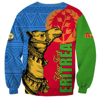 Unisex sweatshirt with back camel portrait, blue patterned background, green and red sections