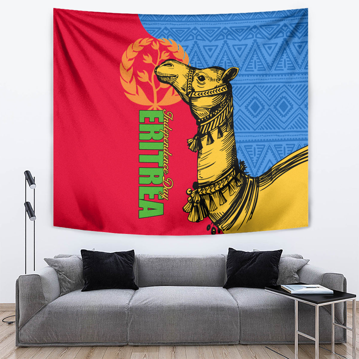 Eritrea Independence Day camel wall tapestry with red, blue, yellow, and green lettering